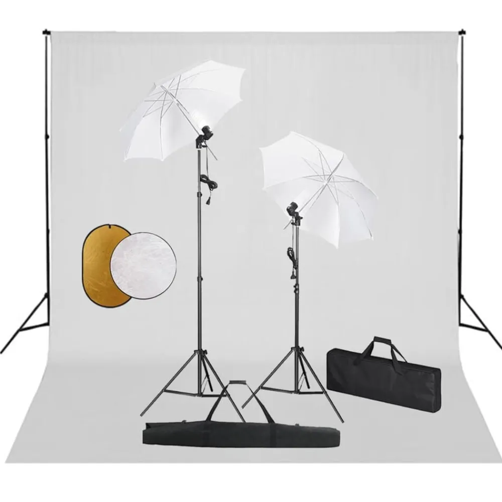 vidaXL Cámaras Y Objetivos-Kit estudio fotográfico lámparas sombrillas fondo y reflector