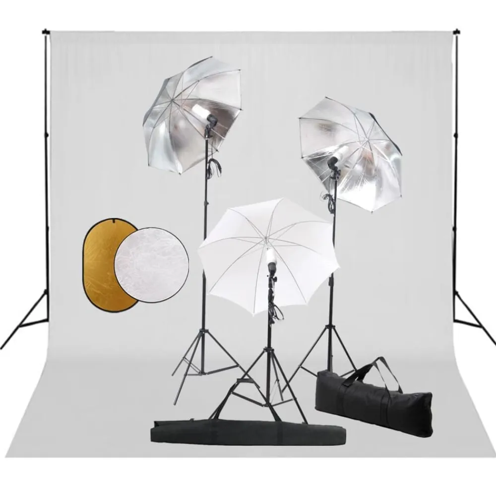 vidaXL Cámaras Y Objetivos-Kit estudio fotográfico lámparas, sombrillas, fondo y reflector