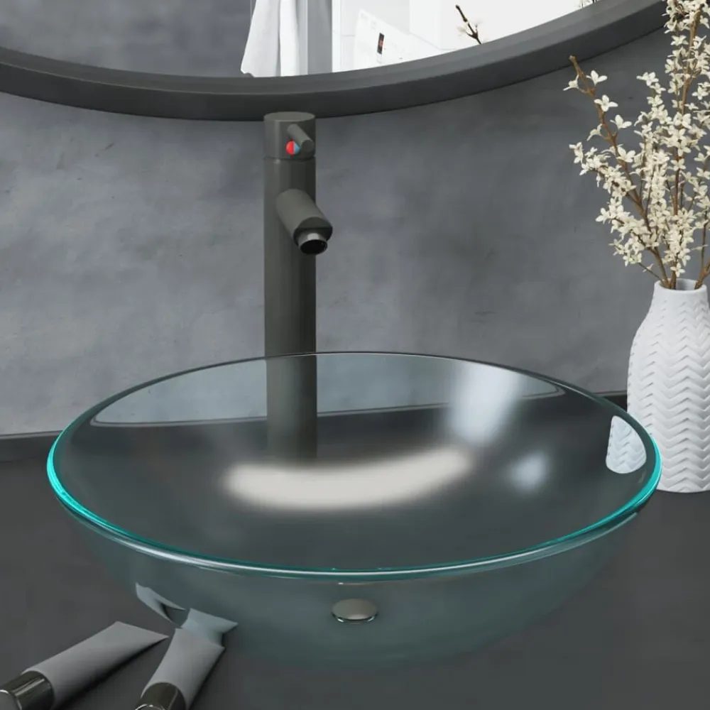 vidaXL Fontanería-Lavabo baño grifo&desagüe de empuje vidrio templado esmerilado