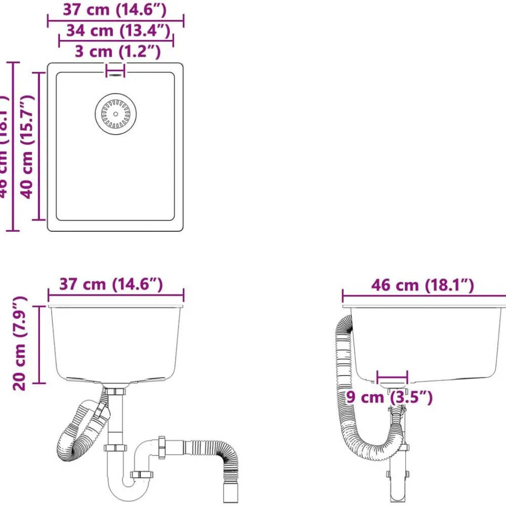 vidaXL Fontanería-Lavabo 370 x 460 mm 80% Cuarzo y 20% Resina