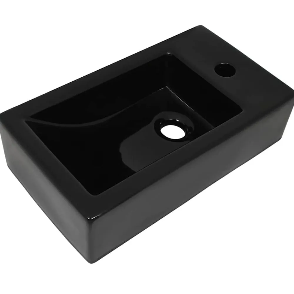 vidaXL Lavabo con agujero grifo rectangular cerámica 46x25,5x12 Negro Clearance