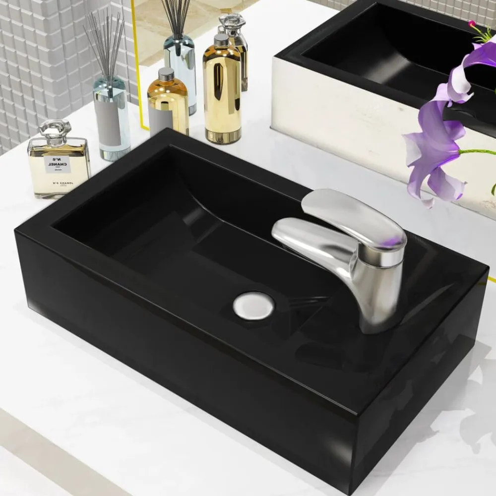vidaXL Lavabo con agujero grifo rectangular cerámica 46x25,5x12 Negro Clearance