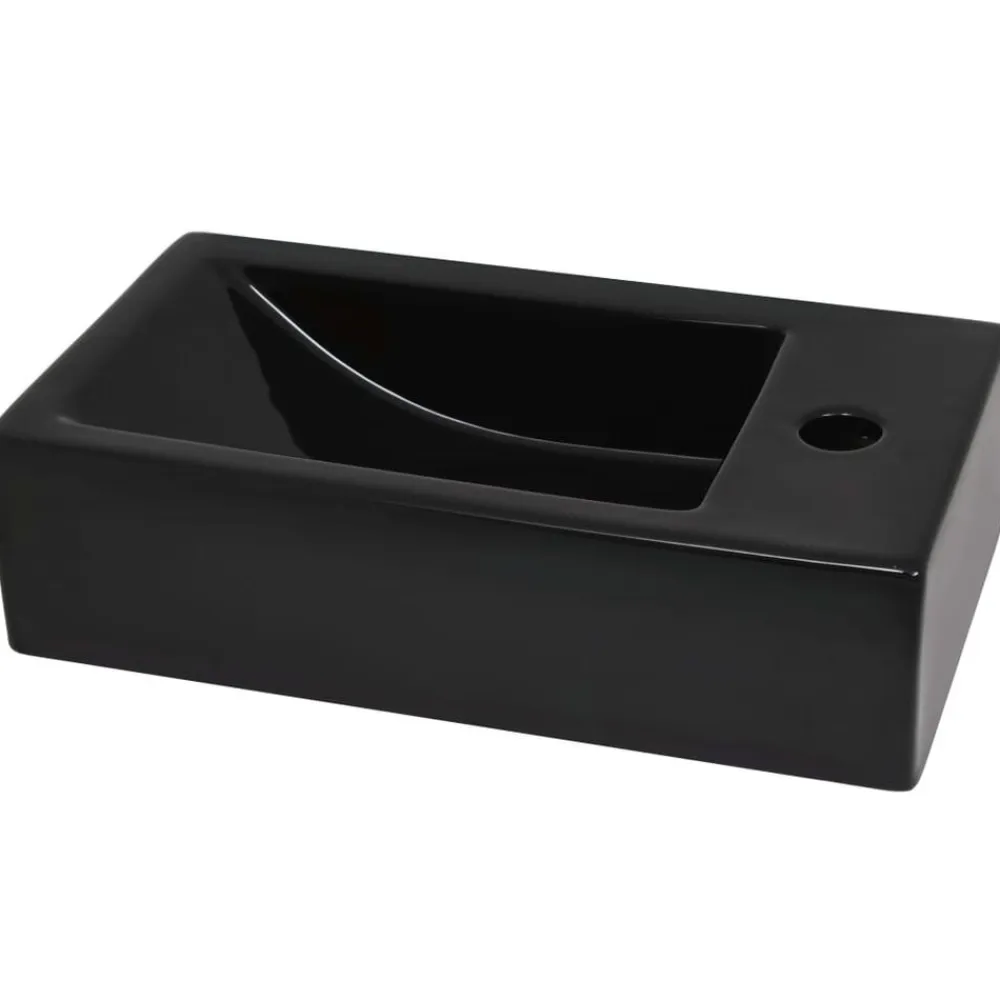 vidaXL Lavabo con agujero grifo rectangular cerámica 46x25,5x12 Negro Clearance