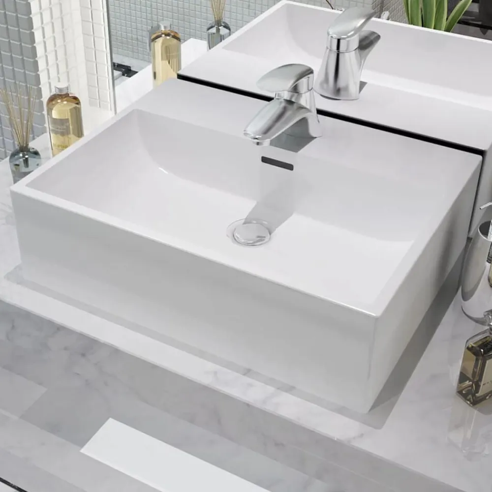 vidaXL Lavabo con orificio para grifo cerámica 51,5x38,5x15 cm Blanco Outlet