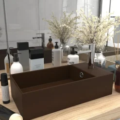 vidaXL Lavabo con rebosadero cerámica marrón oscuro Marr&oacute;n oscuro Clearance
