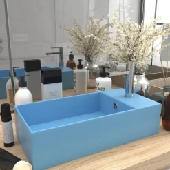 vidaXL Lavabo con rebosadero cerámica Azul claro Clearance