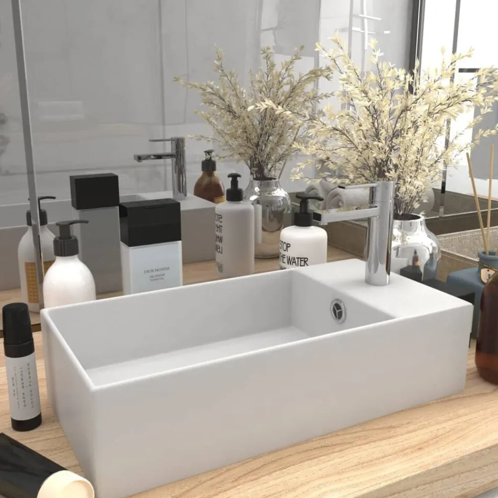 vidaXL Lavabo con rebosadero cerámica Blanco mate New