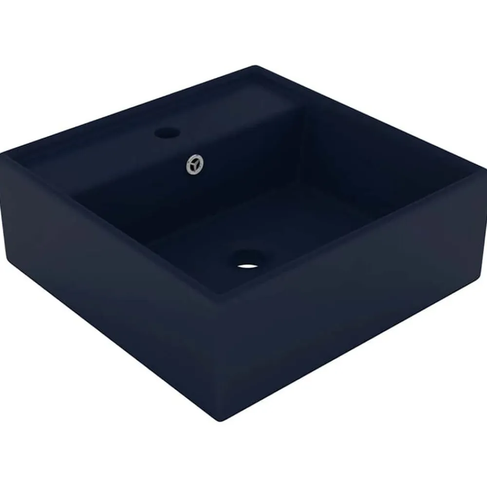 vidaXL Lavabo cuadrado rebosadero cerámica 41x41cm azul oscuro mate Sale
