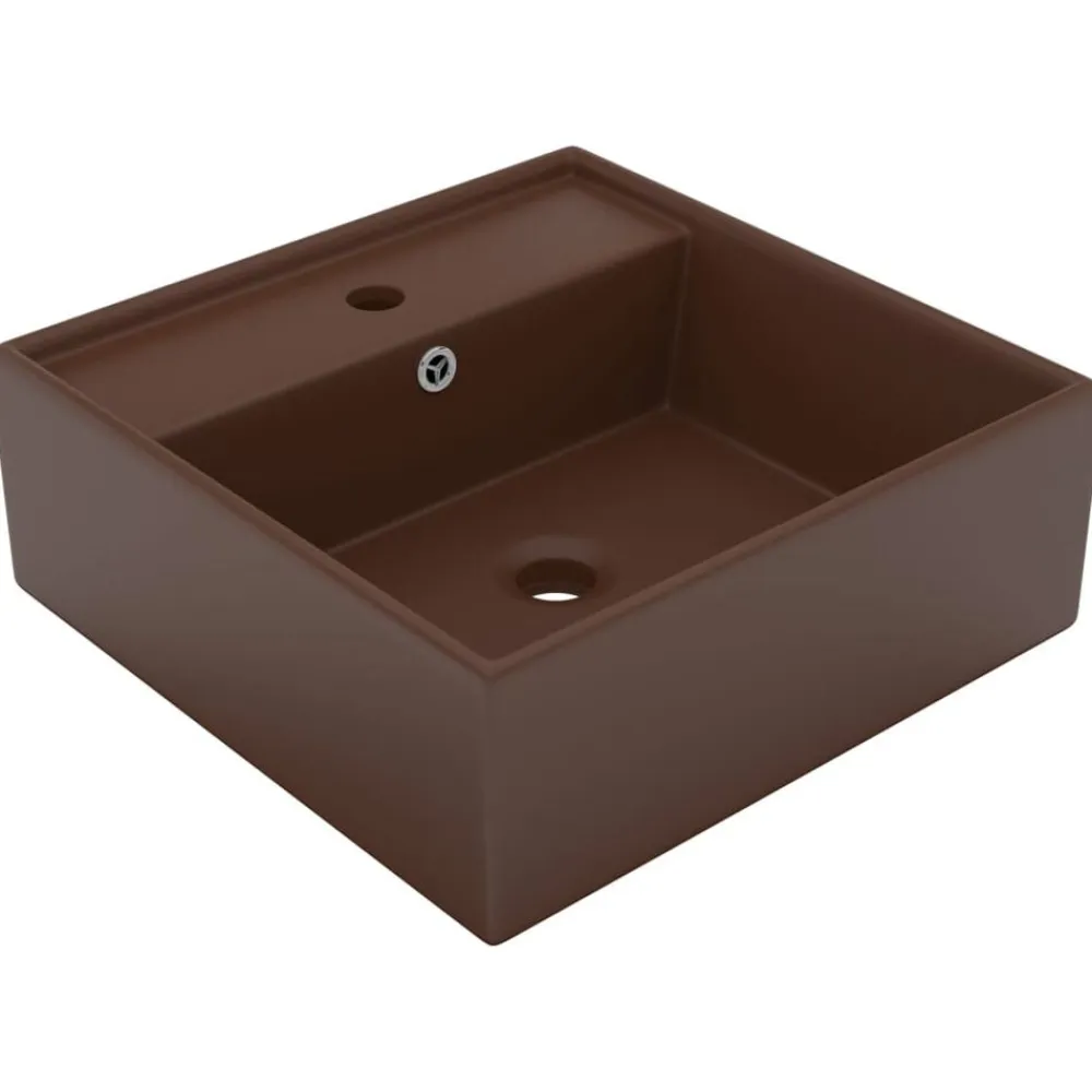 vidaXL Fontanería-Lavabo cuadrado rebosadero cerámica marrón oscuro mate 41x41 cm