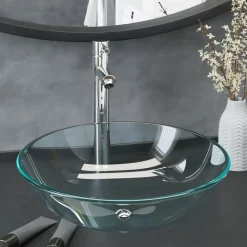 vidaXL Fontanería-Lavabo de baño con grifo y desagüe de empuje vidrio templado