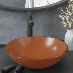 vidaXL Lavabo de baño grifo y desagüe de empuje vidrio templado marrón
