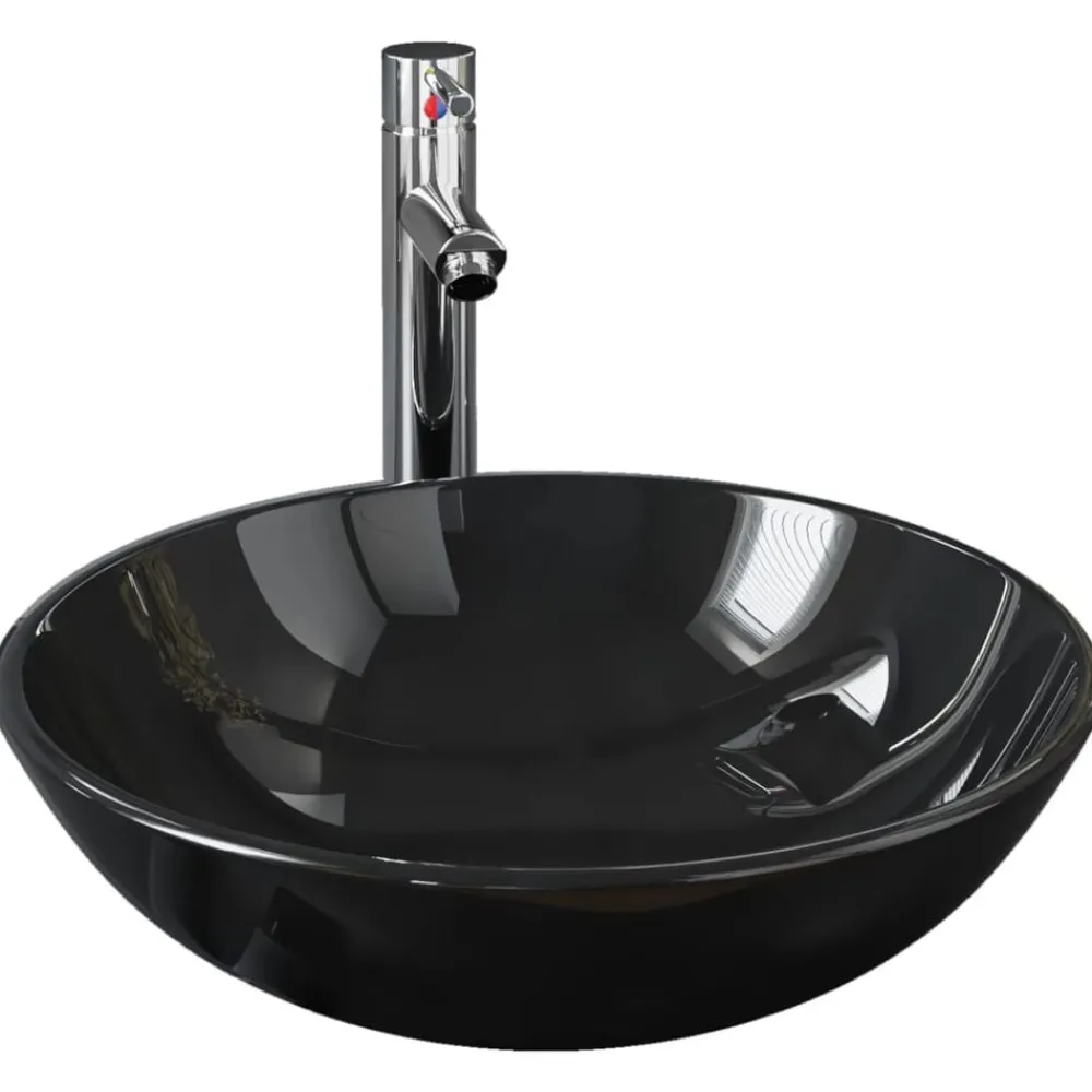 vidaXL Lavabo de baño grifo y desagüe de empuje vidrio templado negro Hot