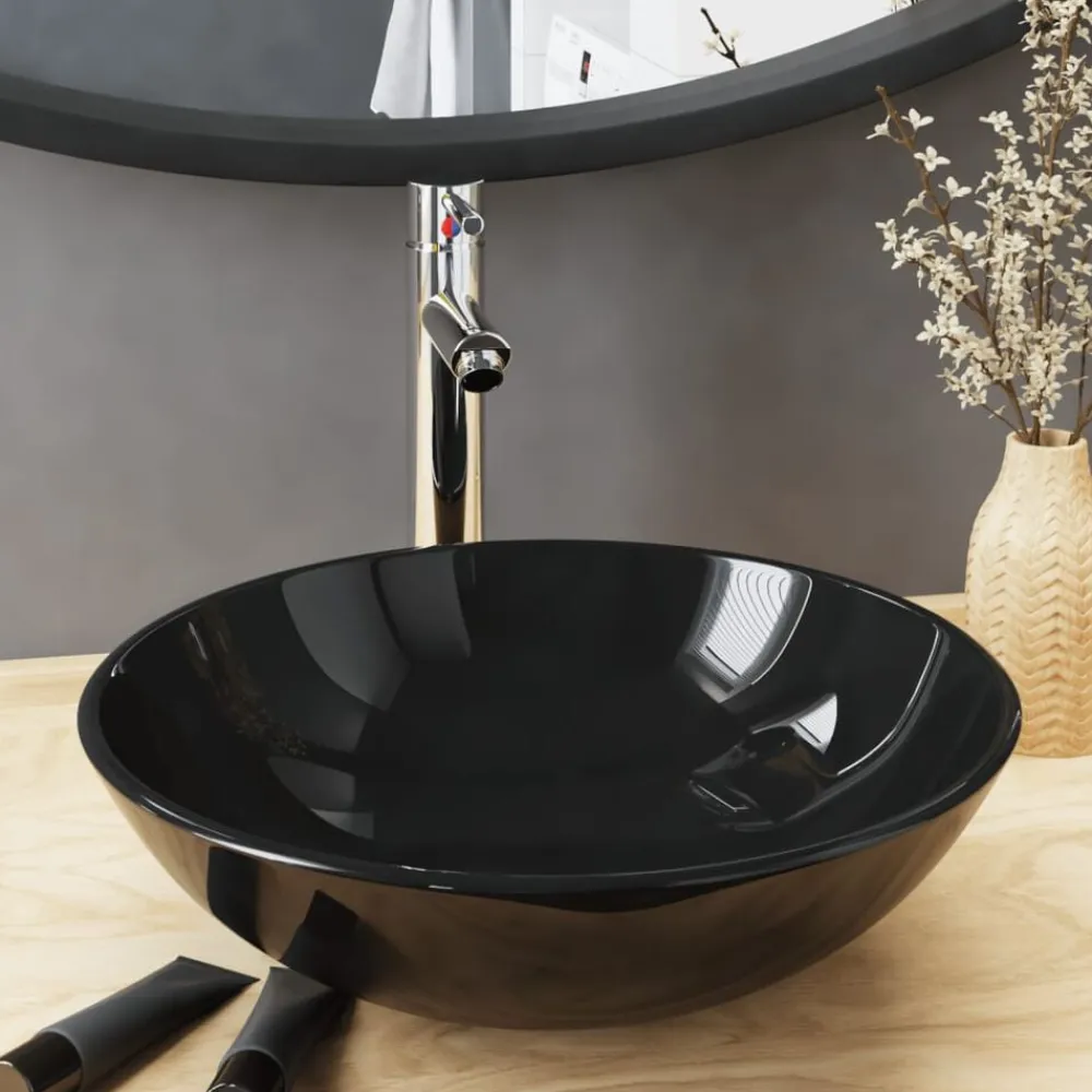 vidaXL Lavabo de baño grifo y desagüe de empuje vidrio templado negro Hot