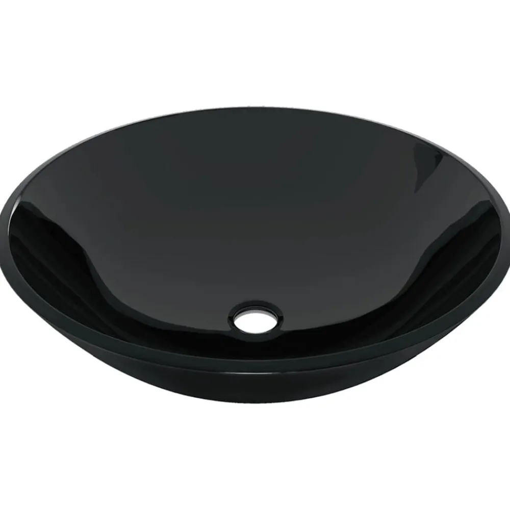 vidaXL Lavabo de baño grifo y desagüe de empuje vidrio templado negro Hot