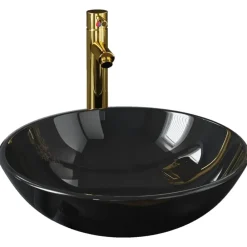 vidaXL Fontanería-Lavabo de baño grifo y desagüe de empuje vidrio templado negro
