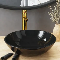vidaXL Fontanería-Lavabo de baño grifo y desagüe de empuje vidrio templado negro