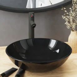vidaXL Fontanería-Lavabo de baño grifo y desagüe de empuje vidrio templado negro