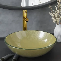 vidaXL Lavabo de baño grifo&desagüe de empuje vidrio templado dorado Outlet