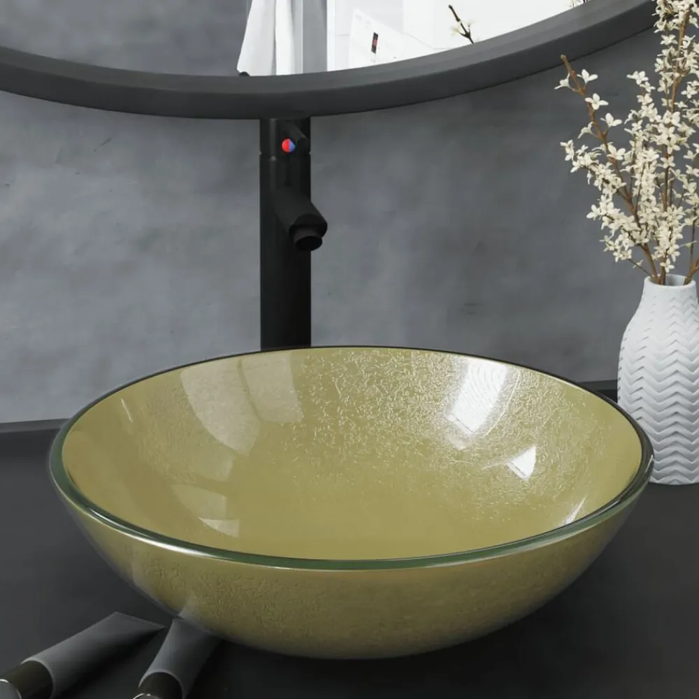 vidaXL Lavabo de baño grifo&desagüe de empuje vidrio templado dorado