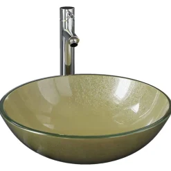 vidaXL Fontanería-Lavabo de baño grifo&desagüe de empuje vidrio templado dorado