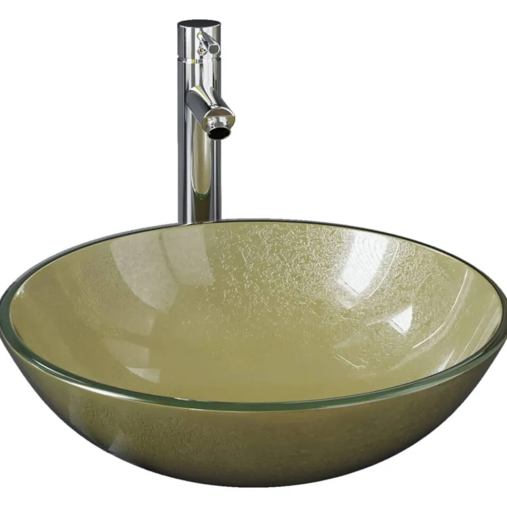 vidaXL Fontanería-Lavabo de baño grifo&desagüe de empuje vidrio templado dorado
