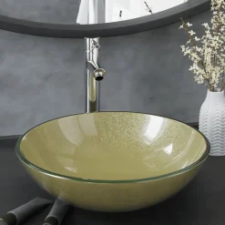 vidaXL Fontanería-Lavabo de baño grifo&desagüe de empuje vidrio templado dorado