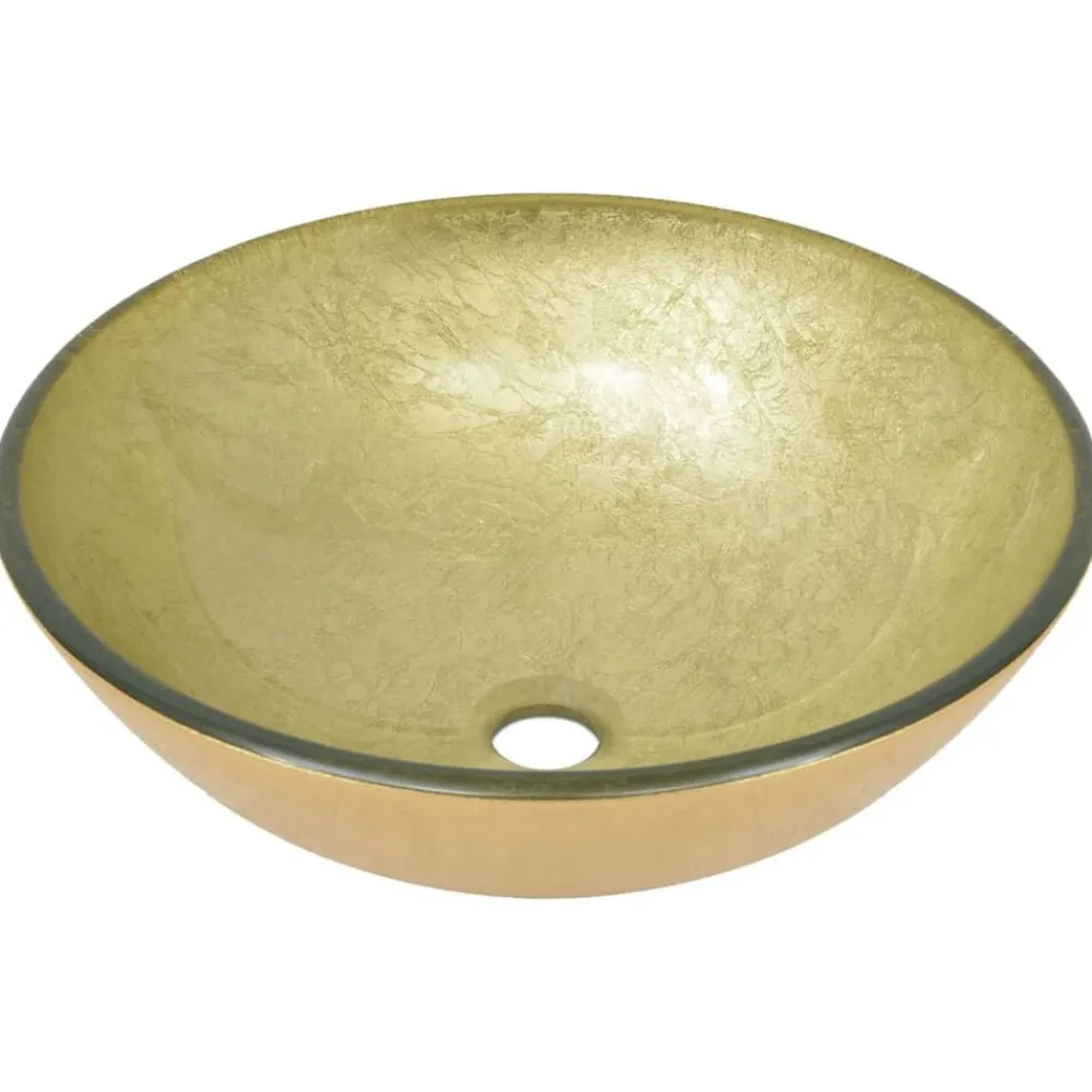 vidaXL Fontanería-Lavabo de baño grifo&desagüe de empuje vidrio templado dorado