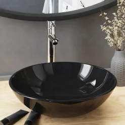 vidaXL Fontanería-Lavabo de baño grifo y desagüe de empuje vidrio templado negro