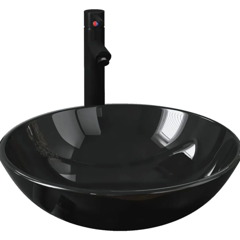 vidaXL Lavabo de baño grifo y desagüe de empuje vidrio templado negro Sale