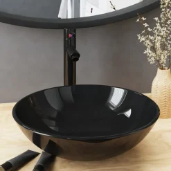 vidaXL Lavabo de baño grifo y desagüe de empuje vidrio templado negro Sale