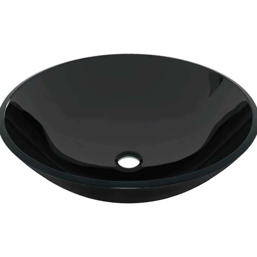 vidaXL Lavabo de baño grifo y desagüe de empuje vidrio templado negro Sale