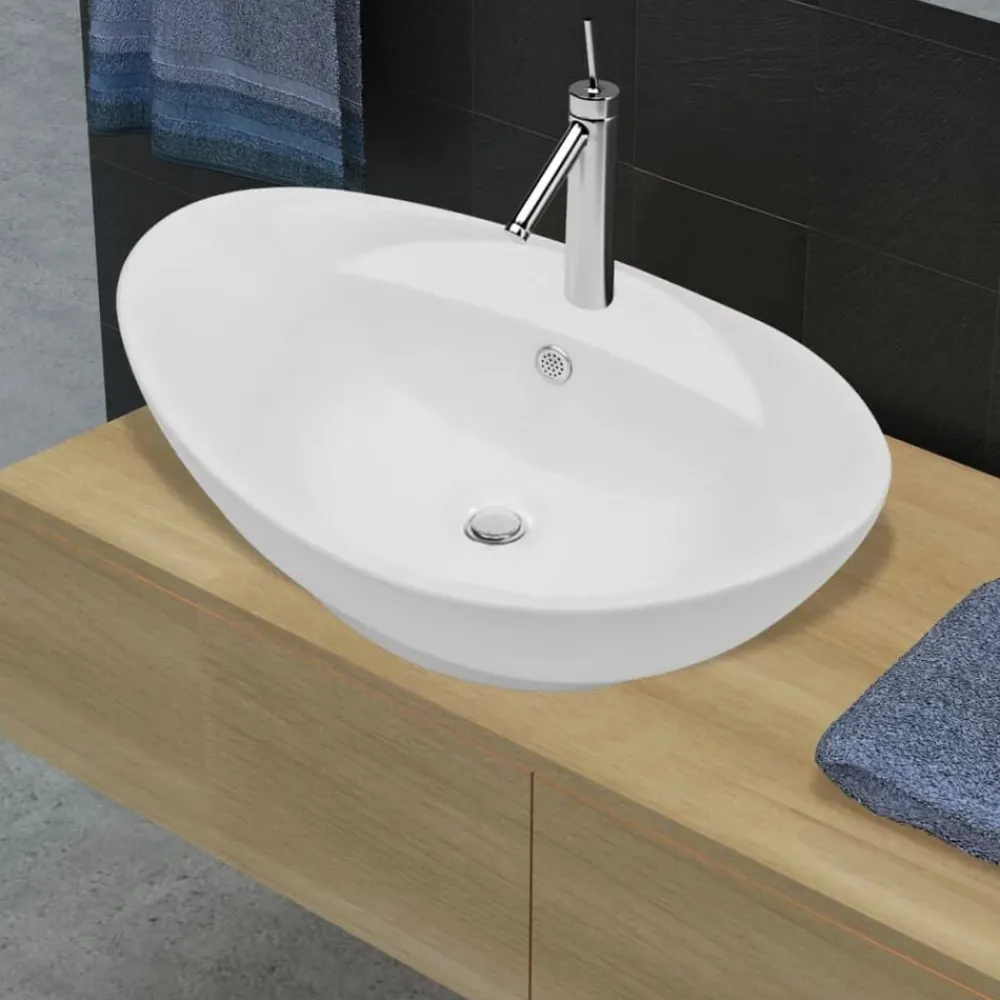 vidaXL Lavabo de cerámica ovalado con orificio de grifo y rebosadero Blanco