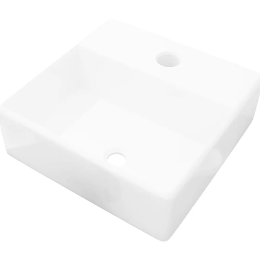 vidaXL Lavabo de cerámica cuadrado orificio de grifo y desagüe Blanco Clearance