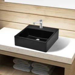 vidaXL Fontanería-Lavabo de cerámica cuadrado con orificio de grifo/desagüe