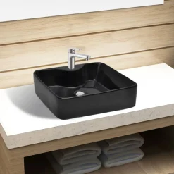 vidaXL Fontanería-Lavabo de cerámica cuadrado con orificio de grifo/desagüe