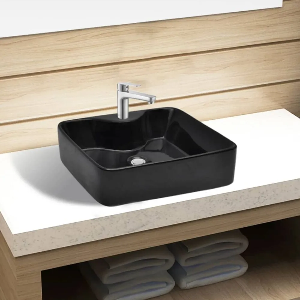 vidaXL Fontanería-Lavabo de cerámica cuadrado con orificio de grifo/desagüe