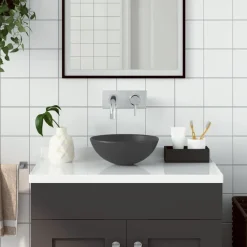 vidaXL Lavabo de cuarto de baño redondo cerámica Gris oscuro New