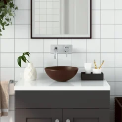 vidaXL Fontanería-Lavabo de cuarto de baño redondo cerámica marrón oscuro