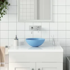 vidaXL Lavabo de cuarto de baño redondo cerámica Azul claro Outlet