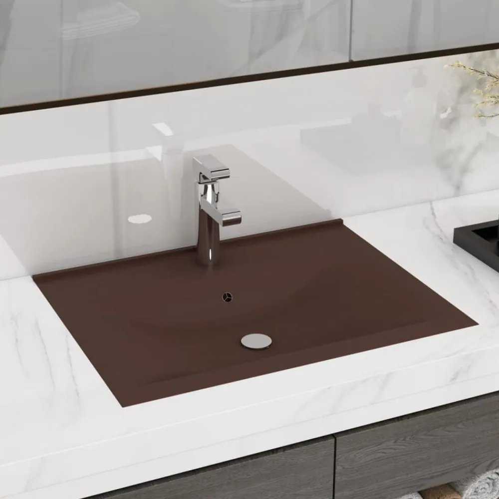 vidaXL Lavabo de lujo agujero de grifo cerámica marrón oscuro 60x46 cm marrón oscuro mate Sale