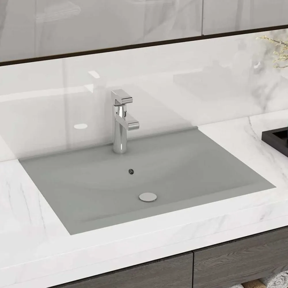 vidaXL Lavabo de lujo con grifo cerámica 60x46 cm gris claro gris claro mate Hot
