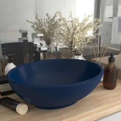 vidaXL Lavabo de lujo ovalado cerámica 40x33 cm azul oscuro mate Sale