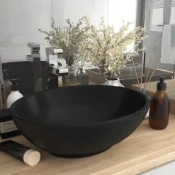 vidaXL Lavabo de lujo ovalado cerámica 40x33 cm Negro mate Sale