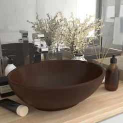 vidaXL Fontanería-Lavabo de lujo ovalado cerámica marrón oscuro mate 40x33 cm