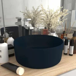 vidaXL Lavabo de lujo redondo cerámica 40x15 cm azul oscuro mate Discount