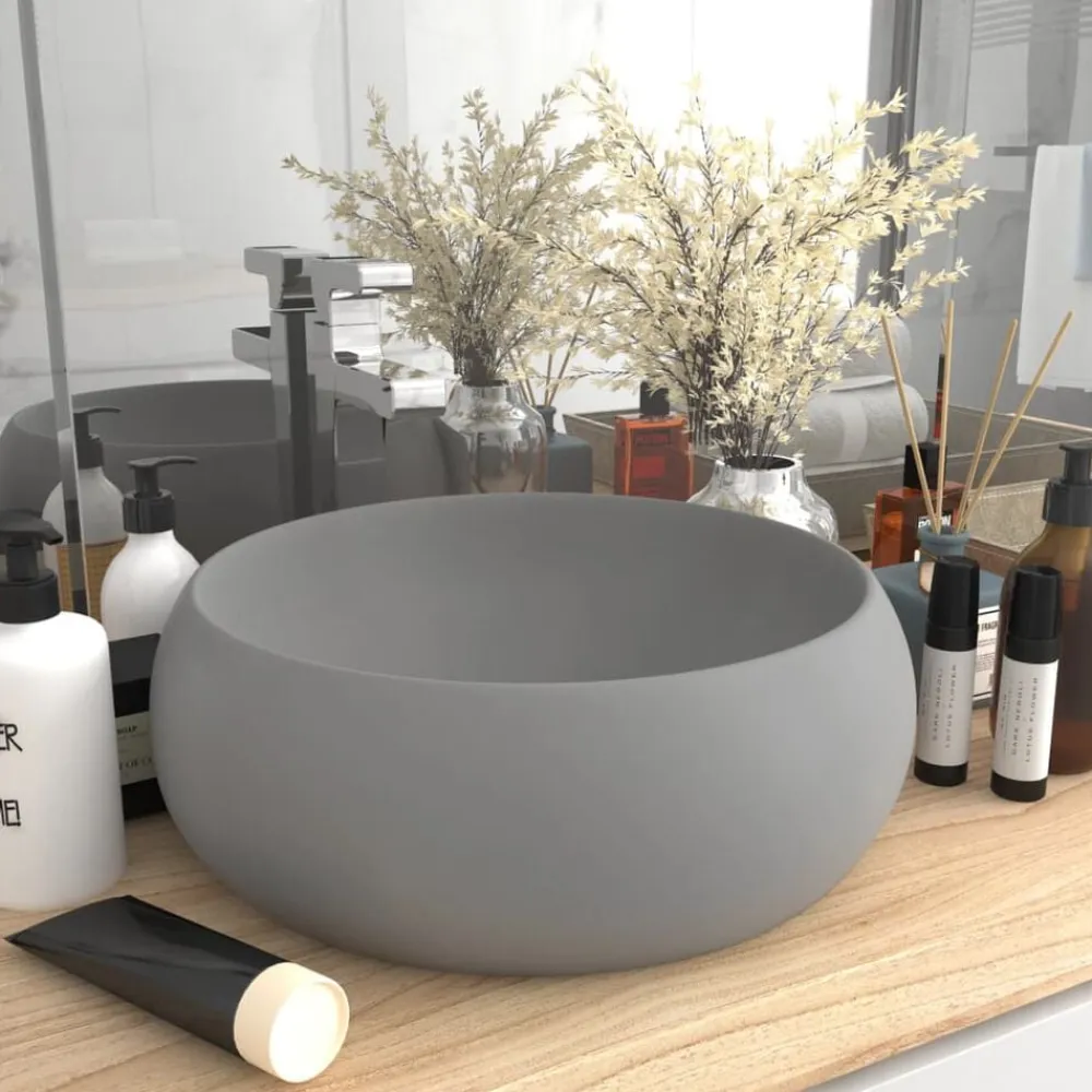 vidaXL Lavabo de lujo redondo cerámica 40x15 cm gris claro mate Clearance