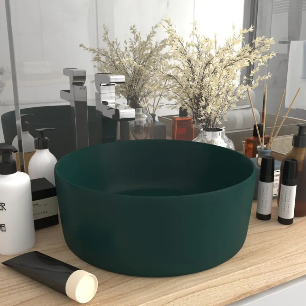 vidaXL Lavabo de lujo redondo cerámica 40x15 cm verde oscuro mate Outlet