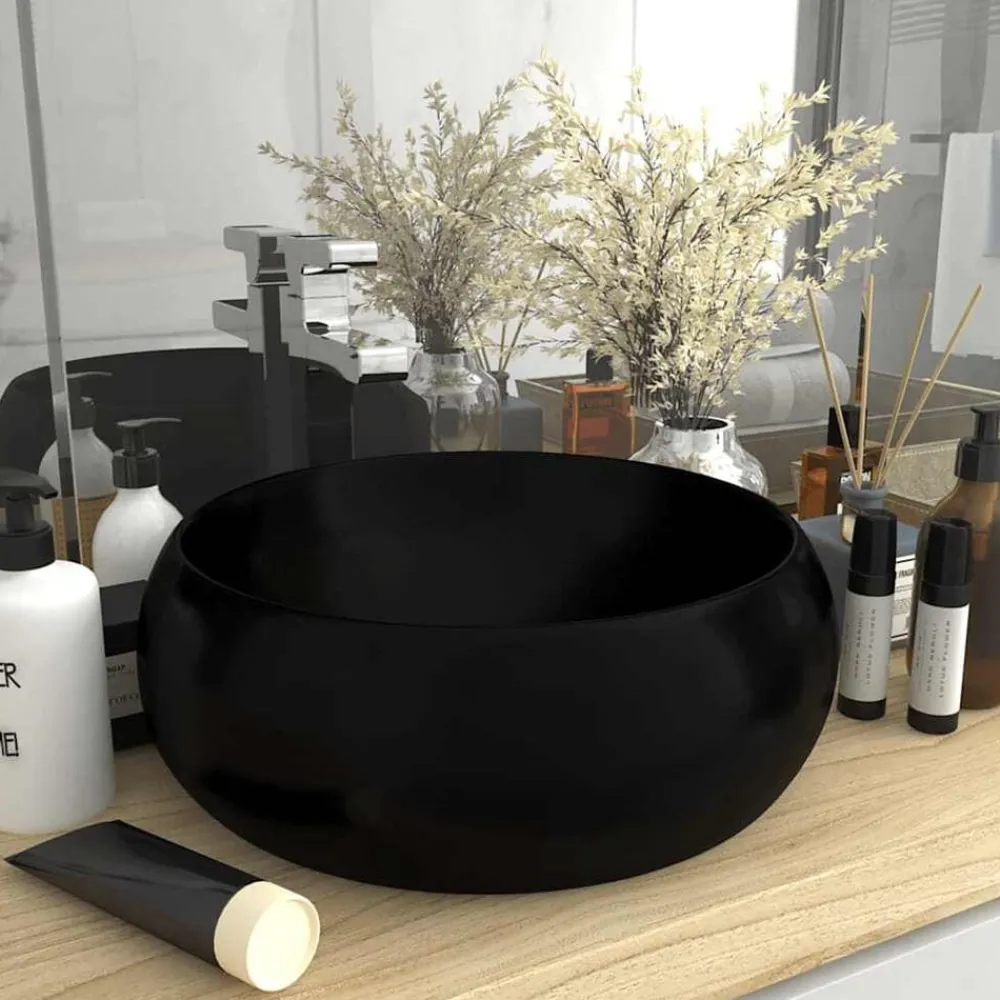 vidaXL Lavabo de lujo redondo cerámica 40x15 cm Negro mate Online