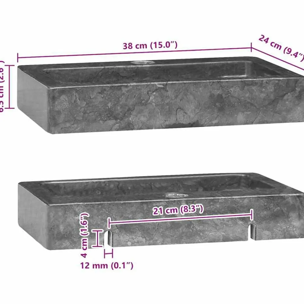 vidaXL Lavabo de pared mármol 38x24x6,5 cm Gris New