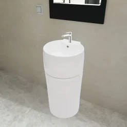 vidaXL Fontanería-Lavabo de pie redondo de cerámica hueco de grifo/desagüe